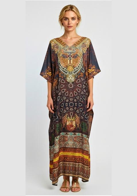 Multicolor Printed Satin Kaftan