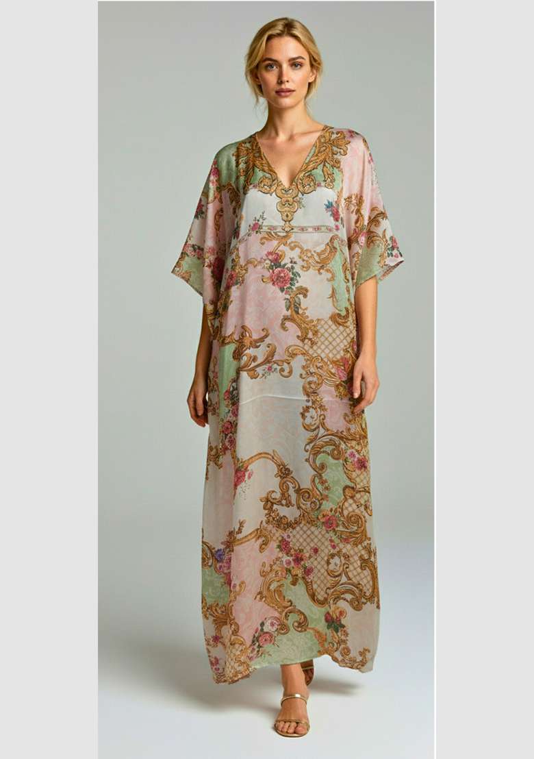 Multicolor Printed Satin Kaftan - Indya