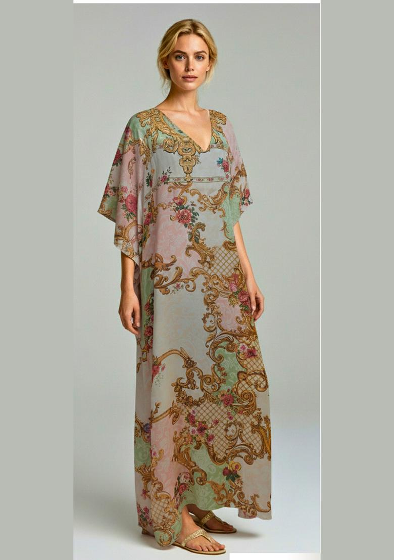 Multicolor Printed Satin Kaftan - Indya