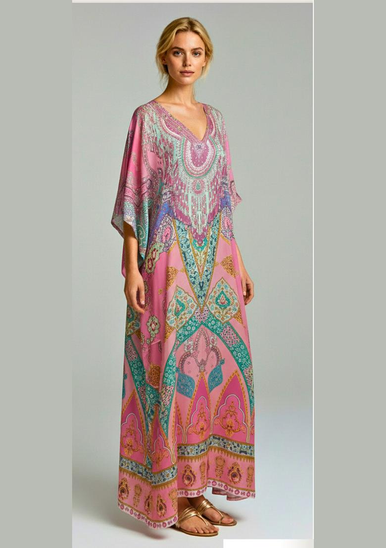 Multicolor Printed Satin Kaftan - Indya