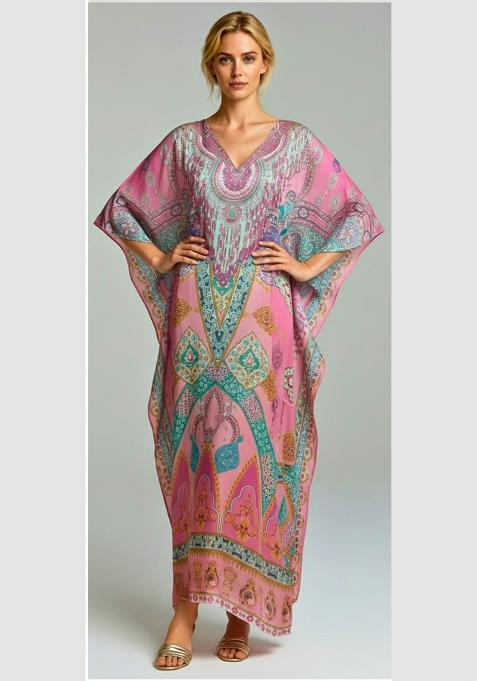 Multicolor Printed Satin Kaftan