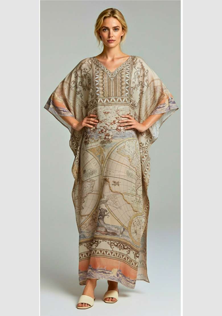 Multicolor Printed Satin Kaftan - Indya