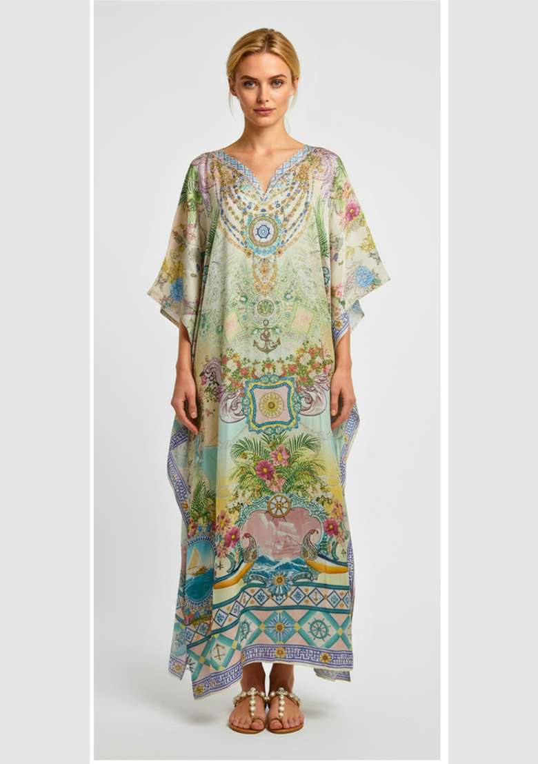 Multicolor Printed Satin Kaftan - Indya