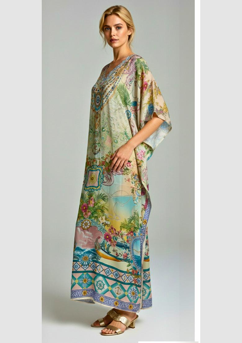Multicolor Printed Satin Kaftan - Indya