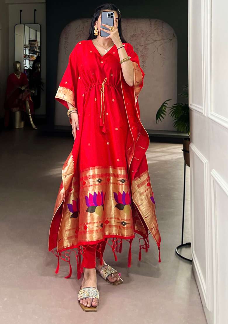 Red Jacquard Jacquard Kaftan - Indya
