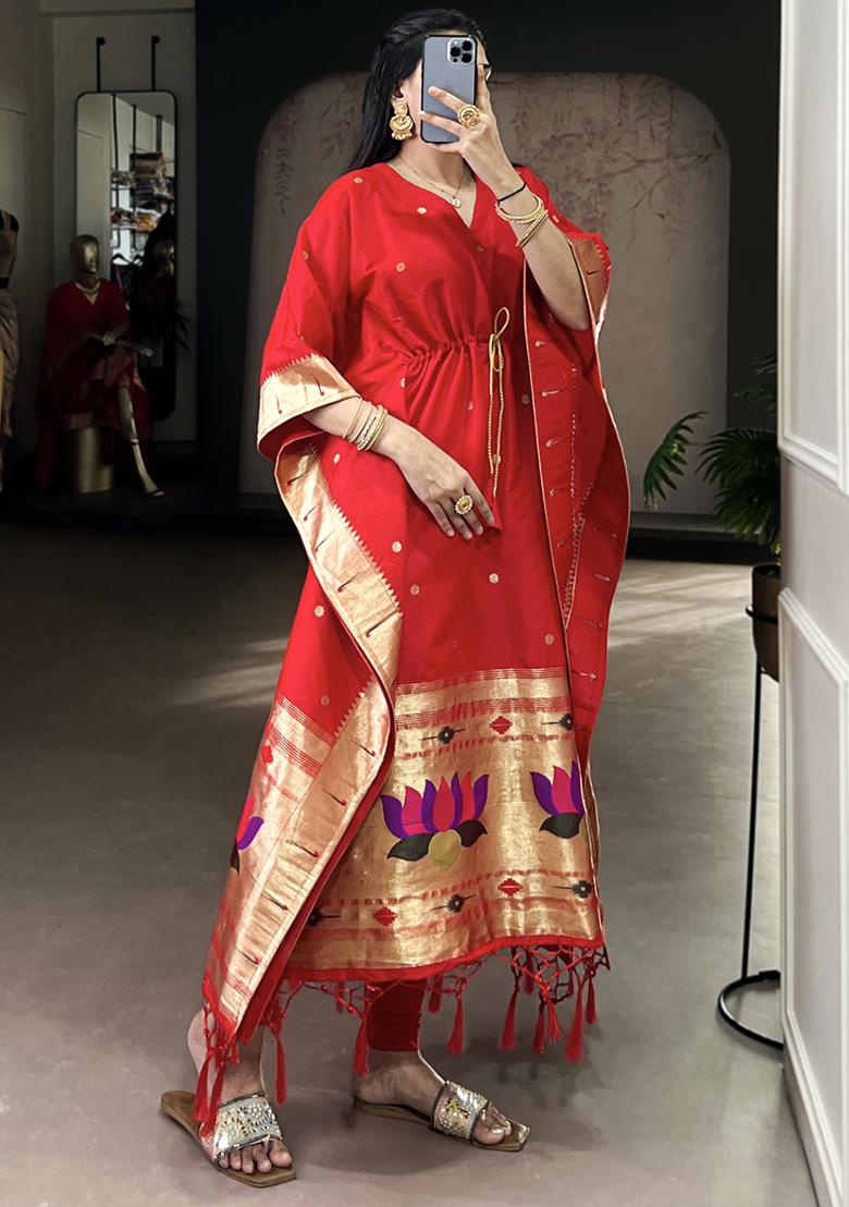 Red Zari Work Jacquard Kaftan - Indya