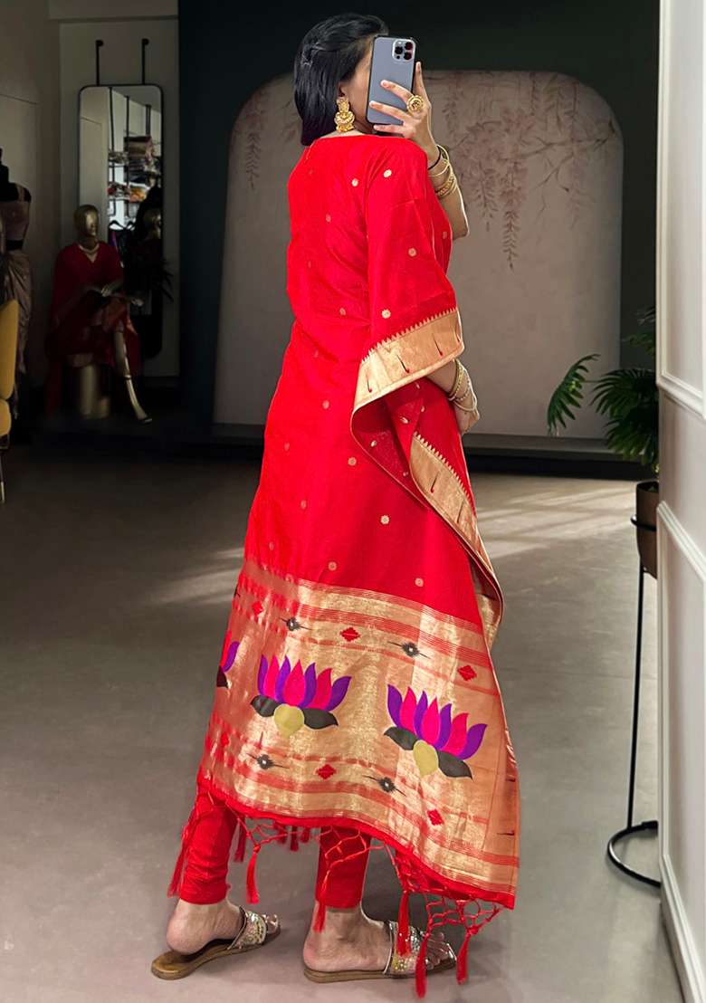 Red Jacquard Jacquard Kaftan - Indya