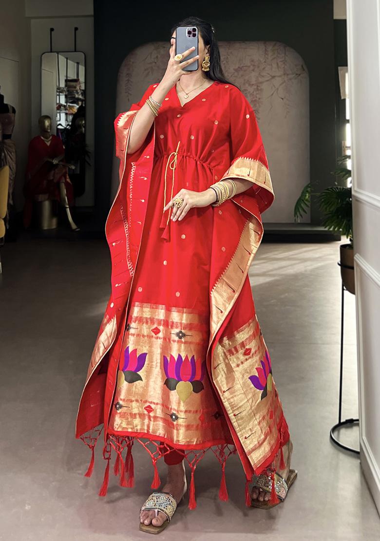 Red Zari Work Jacquard Kaftan - Indya