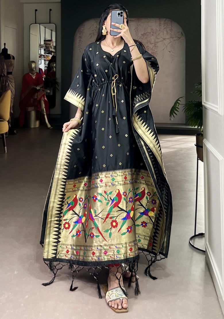 Black Zari Work Jacquard Kaftan - Indya