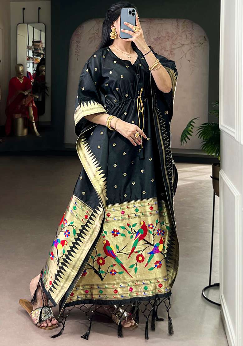 Black Jacquard Jacquard Kaftan - Indya