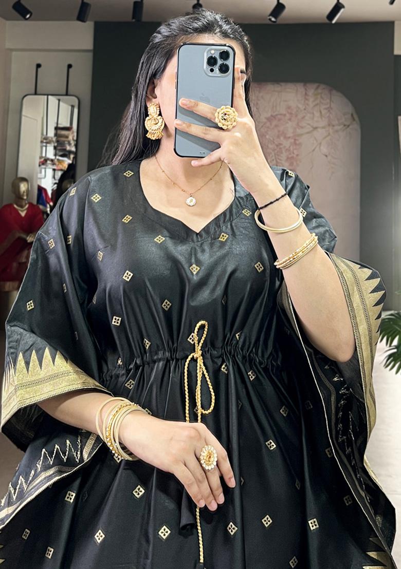 Black Zari Work Jacquard Kaftan - Indya