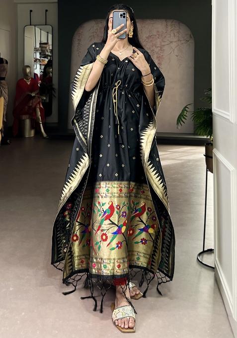 Black Zari Work Jacquard Kaftan
