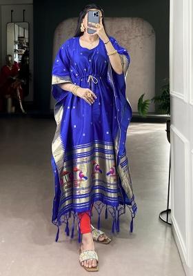 Blue Zari Work Jacquard Kaftan