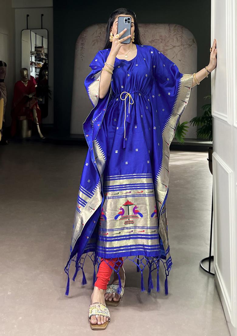 Blue Zari Work Jacquard Kaftan - Indya