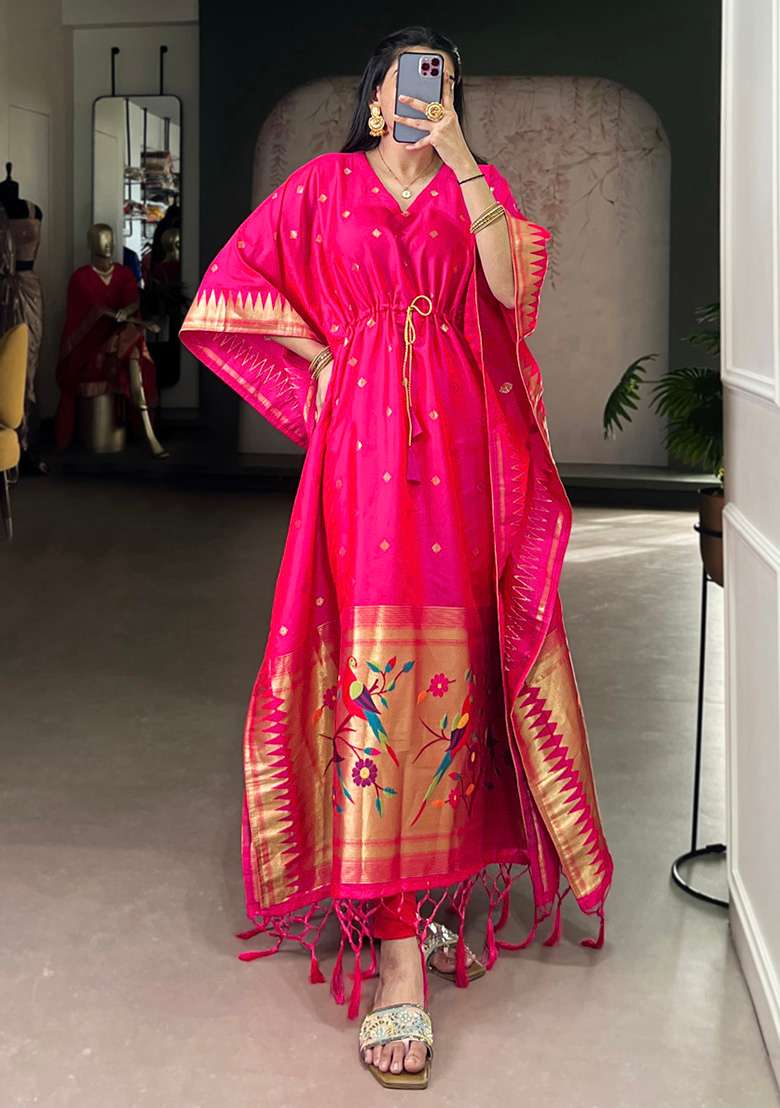 Pink Embroidered Jacquard Kaftan - Indya