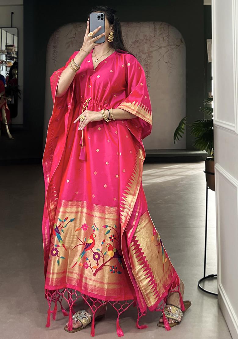 Pink Zari Work Jacquard Kaftan - Indya