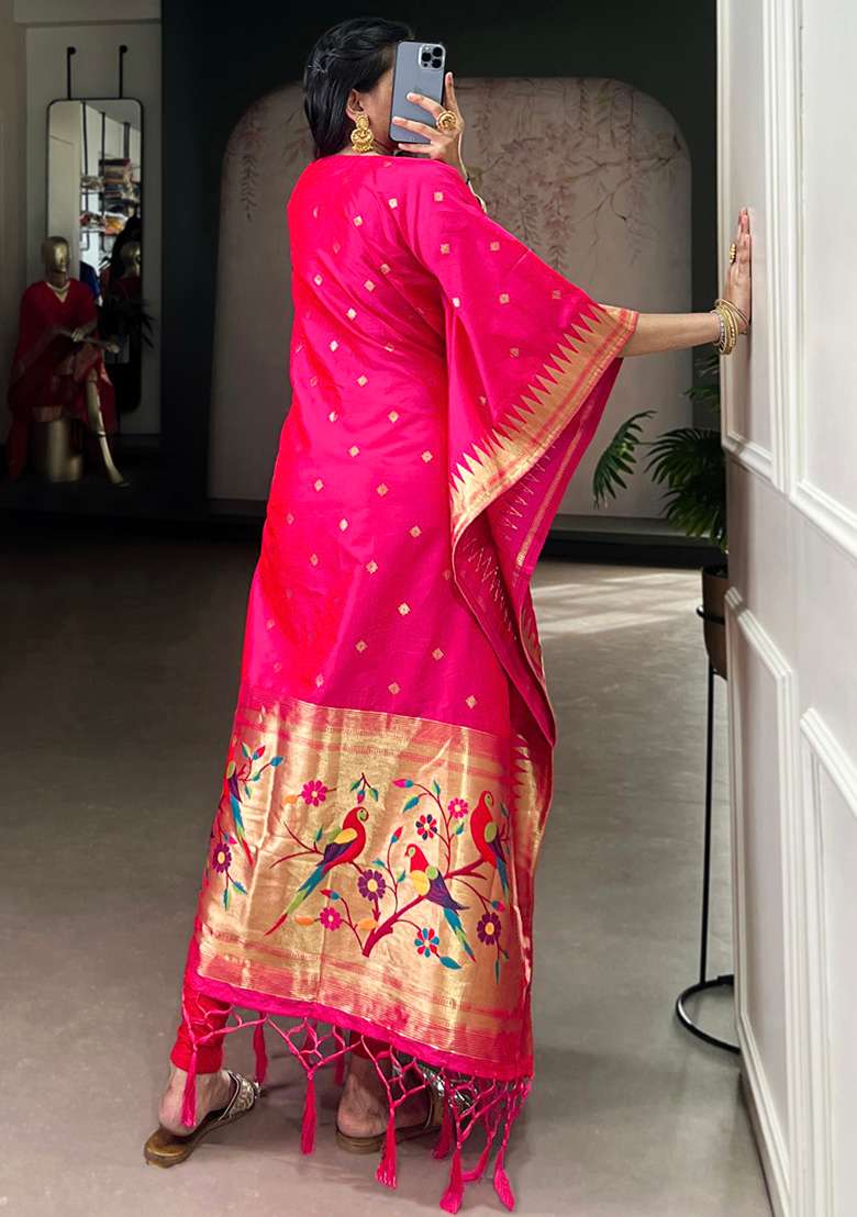 Pink Embroidered Jacquard Kaftan - Indya