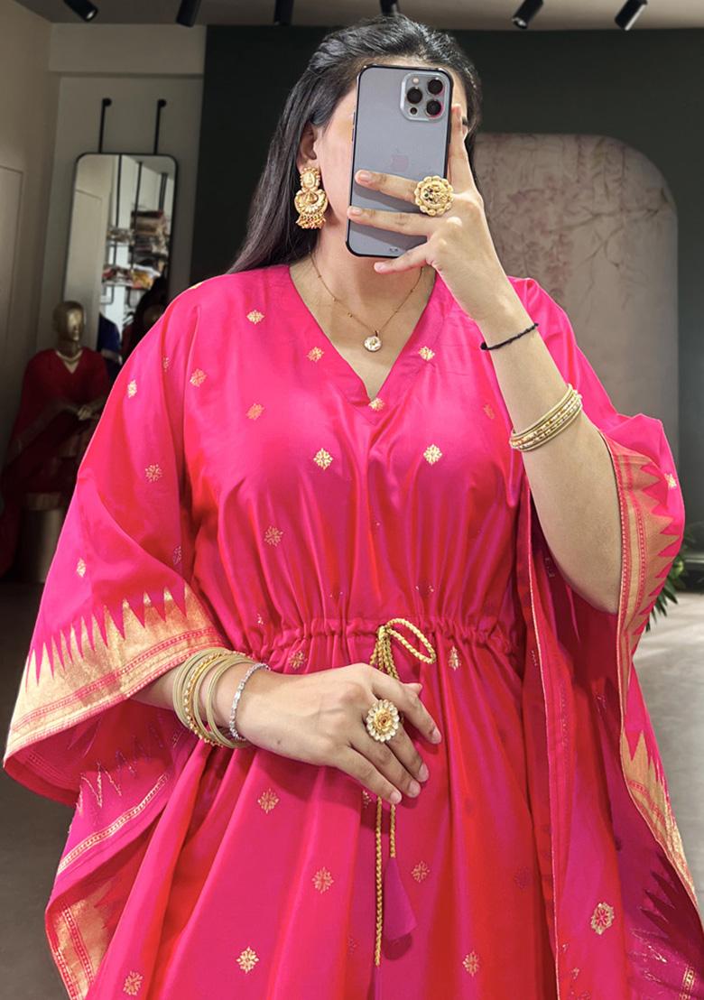 Pink Zari Work Jacquard Kaftan - Indya
