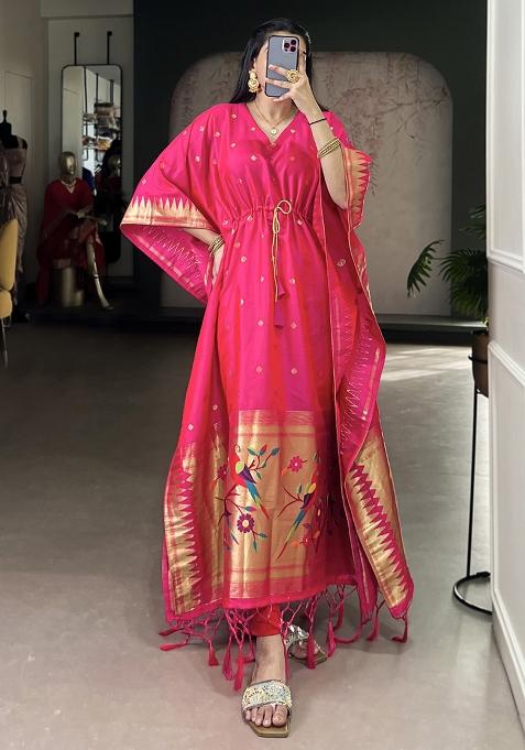 Pink Zari Work Jacquard Kaftan