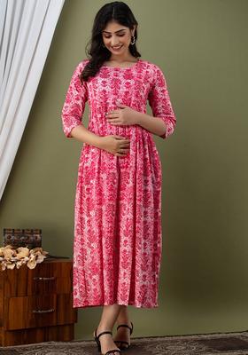 Pink Printed Cotton Maternity Maxi Dress
