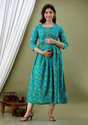 Turquoise Printed Cotton Maternity Maxi Dress