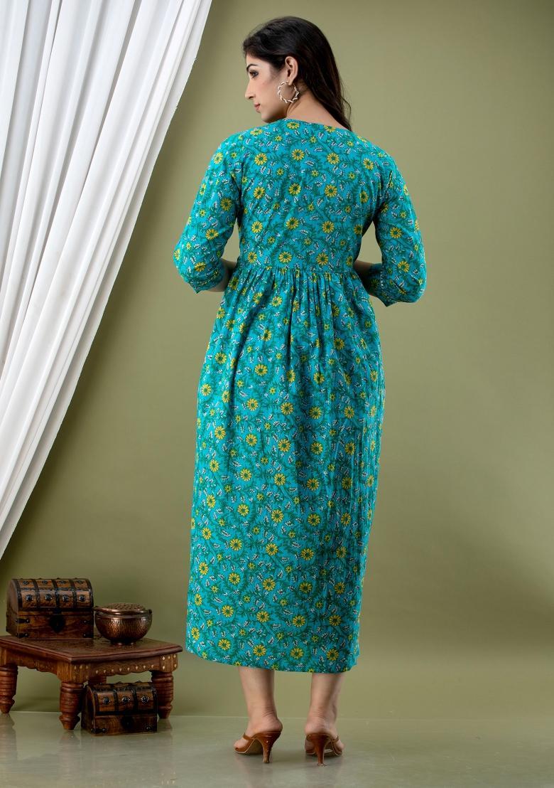 Turquoise Printed Cotton Maternity Maxi Dress - Indya