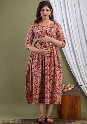 Red Printed Cotton Maternity Maxi Dress