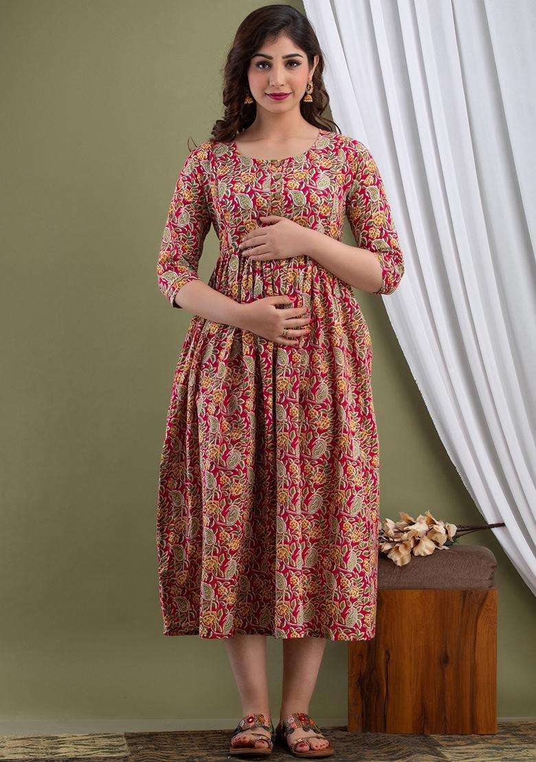 Red Printed Cotton Maternity Maxi Dress for Diwali and Festive Wear - Indya