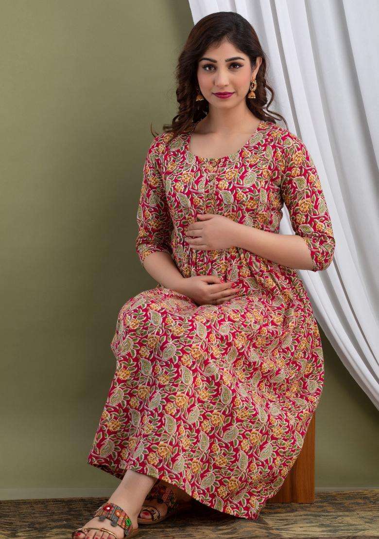 Red Printed Cotton Maternity Maxi Dress for Diwali and Festive Wear - Indya