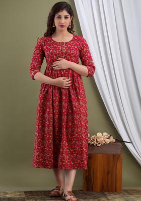 Maroon Printed Cotton Maternity Maxi Dress