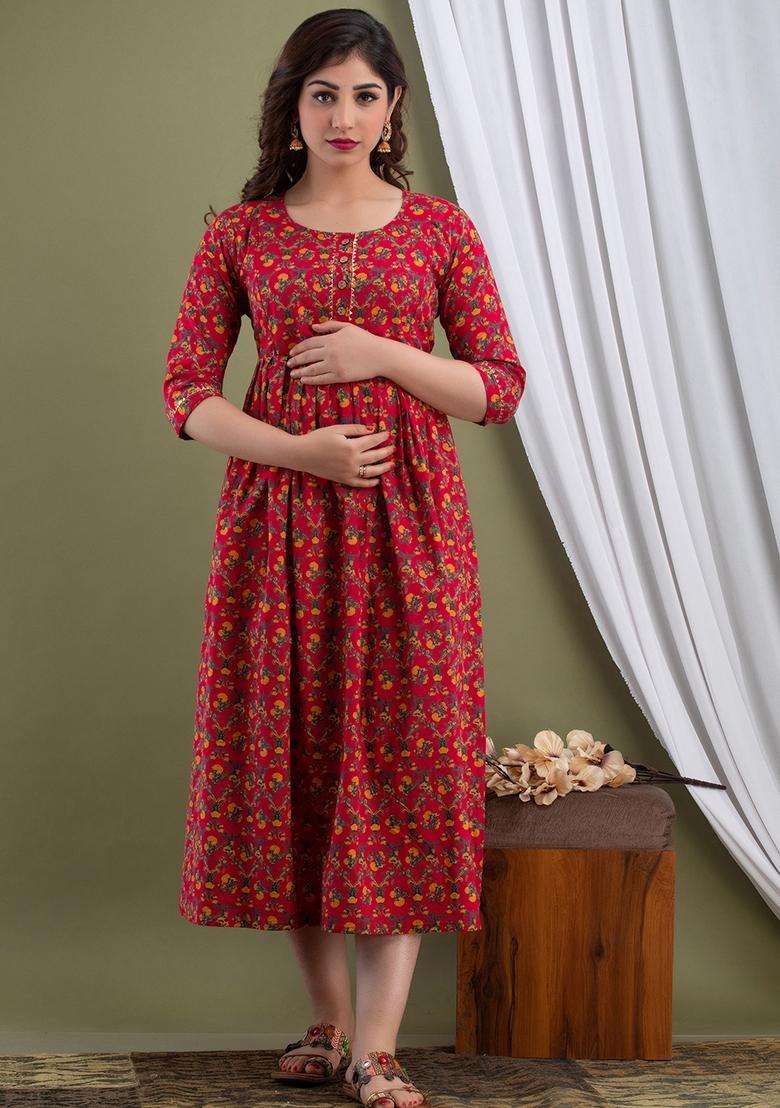 Maroon Maternity Maxi Cotton Dress with Printed for Diwali | Wedding & Festive Wear - Indya