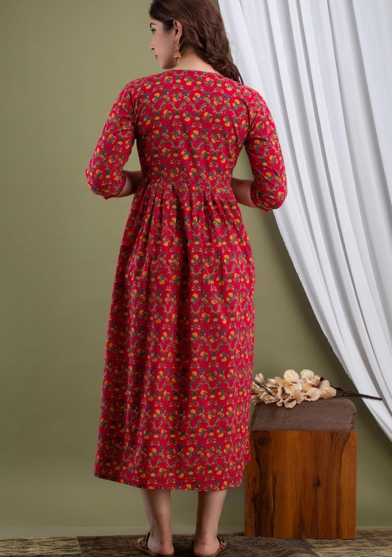 Maroon Printed Cotton Maternity Maxi Dress - Indya