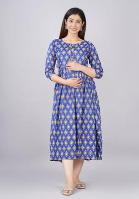 Blue Printed Cotton Maternity Maxi Dress