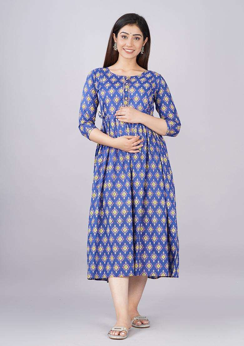 Blue Printed Cotton Maternity Maxi Dress for Diwali and Festive Wear - Indya