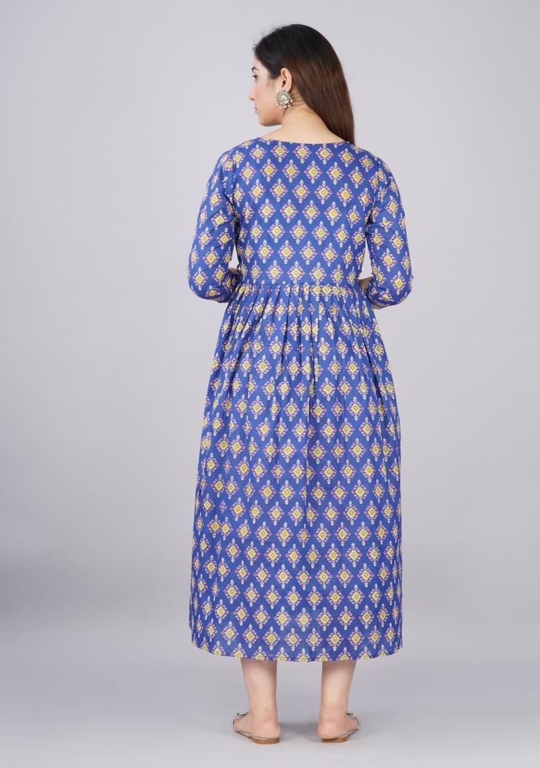 Blue Printed Cotton Maternity Maxi Dress - Indya