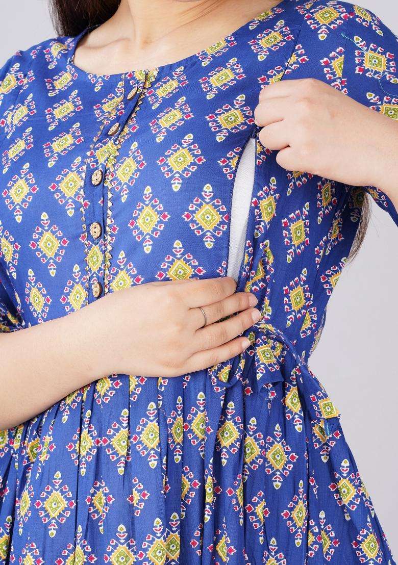 Blue Printed Cotton Maternity Maxi Dress for Diwali and Festive Wear - Indya