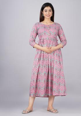 Pink Printed Cotton Maternity Maxi Dress