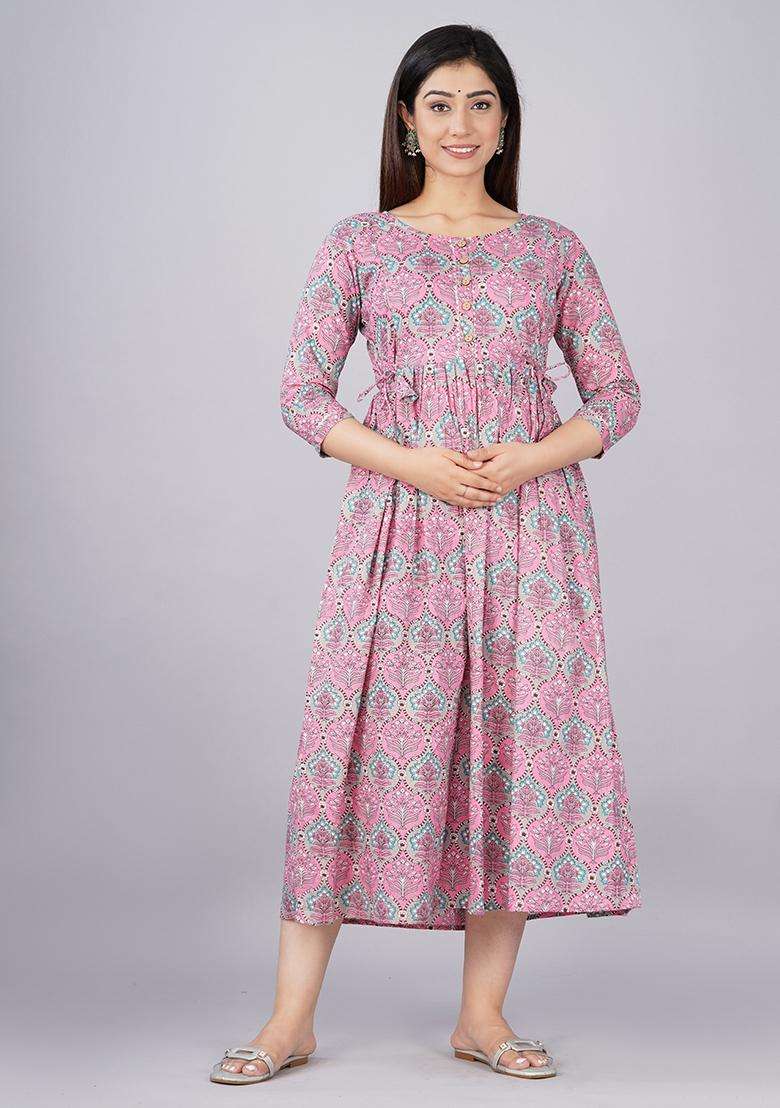 Pink Printed Cotton Maternity Maxi Dress for Diwali and Festive Wear - Indya
