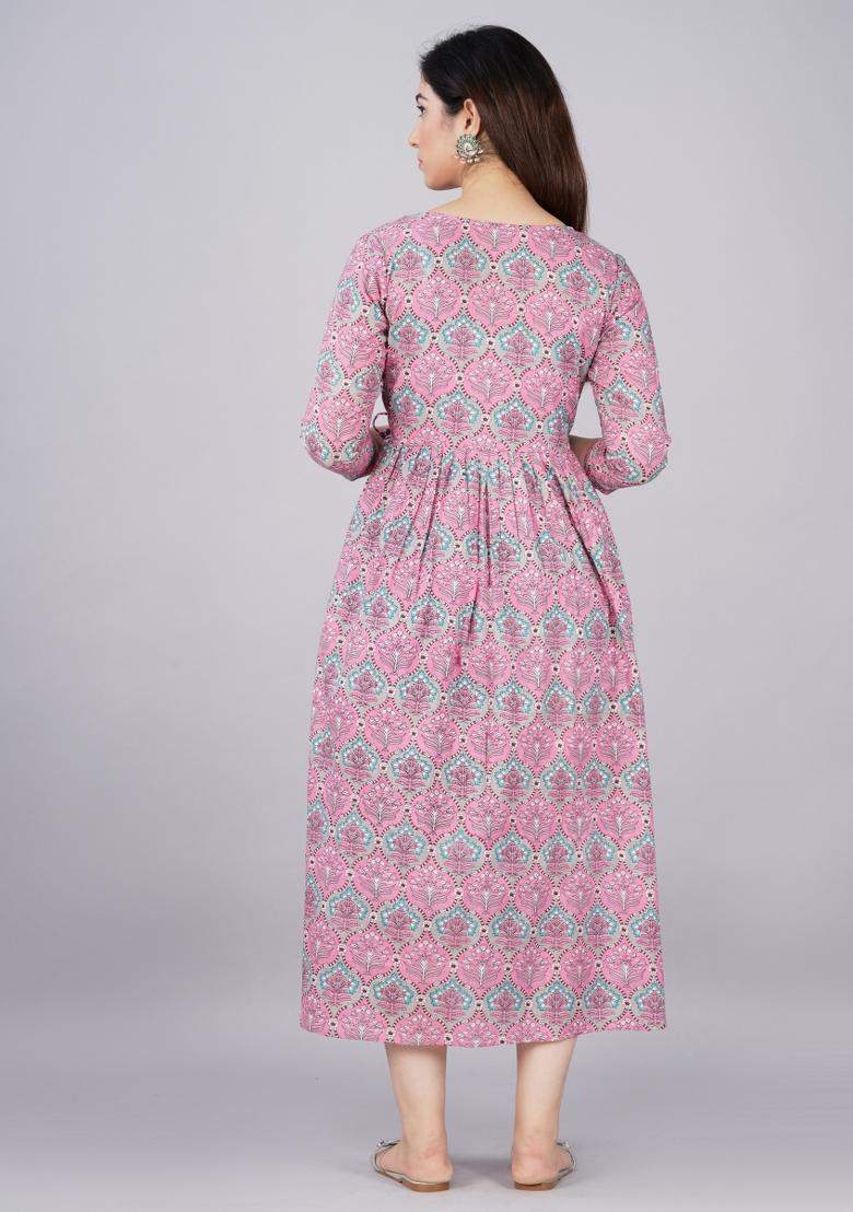 Pink Printed Cotton Maternity Maxi Dress - Indya