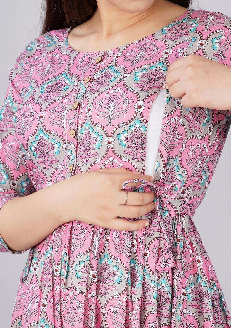 Pink Printed Cotton Maternity Maxi Dress for Diwali and Festive Wear - Indya