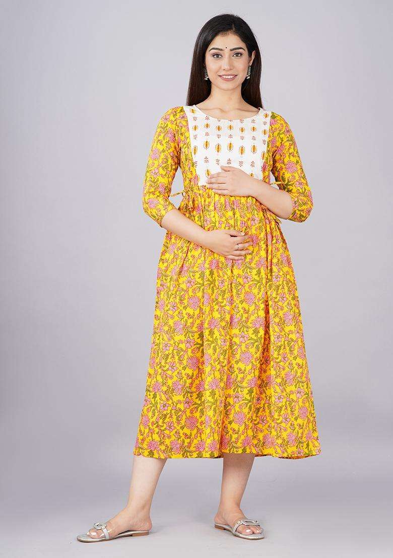 Yellow Printed Cotton Maternity Maxi Dress for Diwali and Festive Wear - Indya