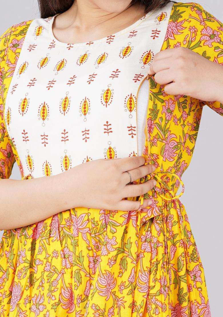 Yellow Printed Cotton Maternity Maxi Dress for Diwali and Festive Wear - Indya