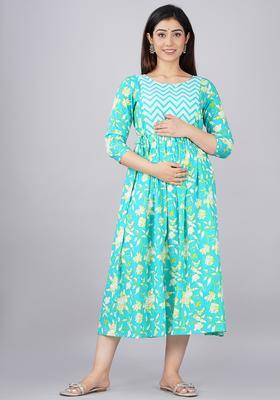 Green Printed Cotton Maternity Maxi Dress