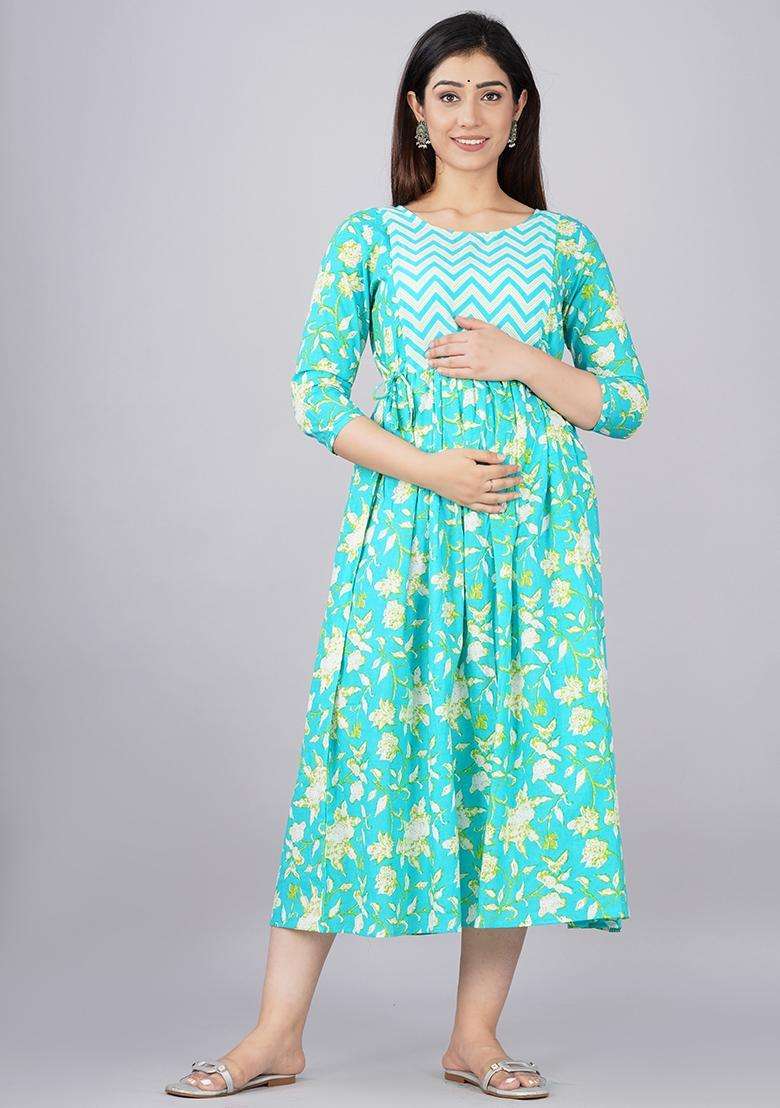 Green Maternity Maxi Cotton Dress with Printed for Diwali | Wedding & Festive Wear - Indya