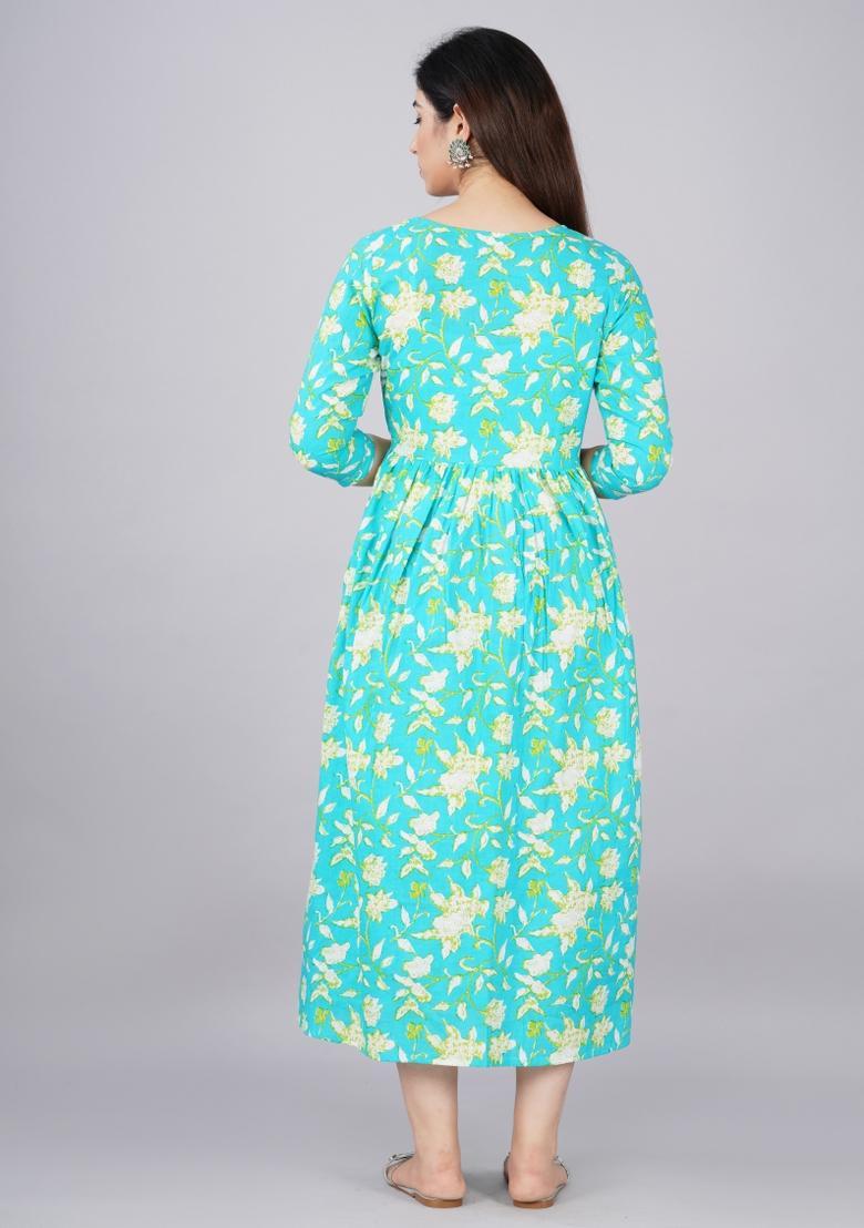 Green Printed Cotton Maternity Maxi Dress - Indya