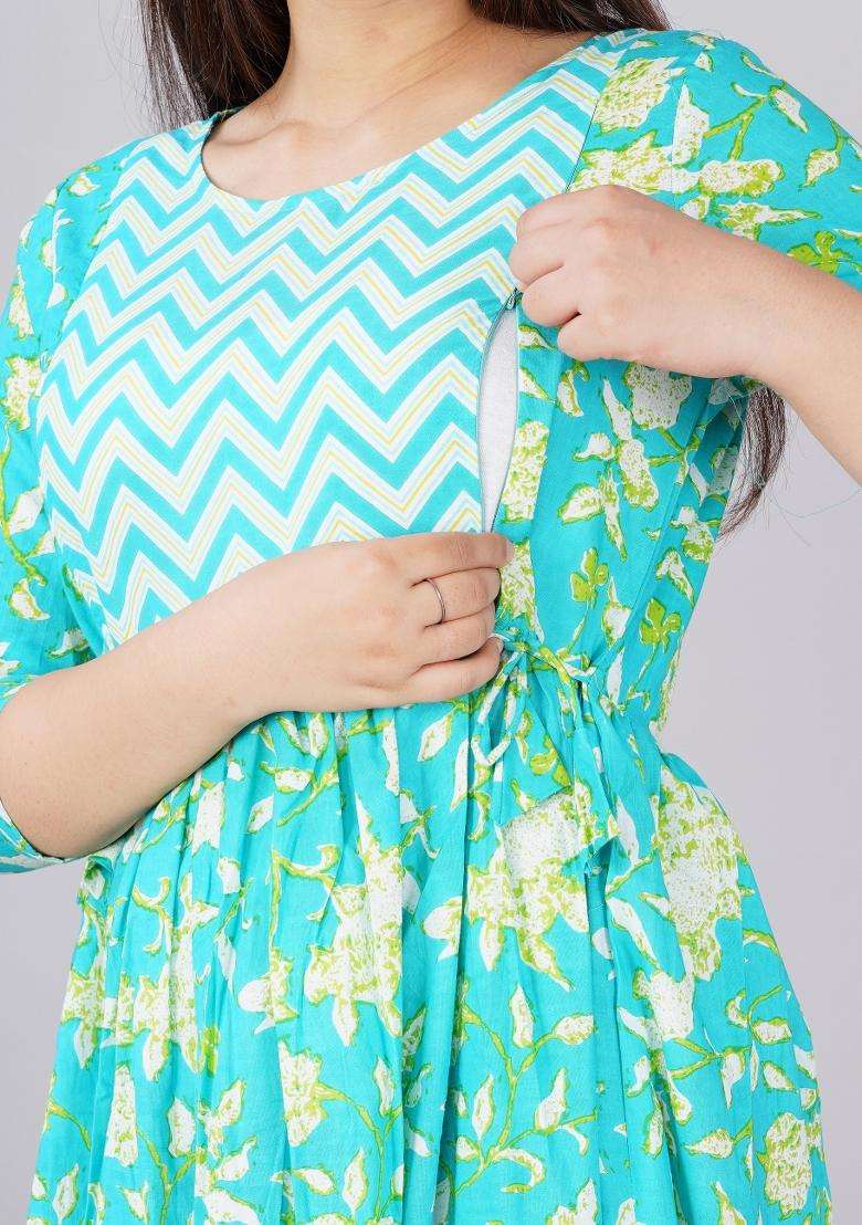Green Maternity Maxi Cotton Dress with Printed for Diwali | Wedding & Festive Wear - Indya
