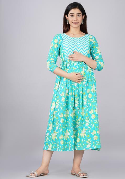 Green Printed Cotton Maternity Maxi Dress