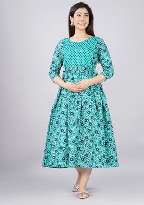 Sea Green Printed Cotton Maternity Maxi Dress