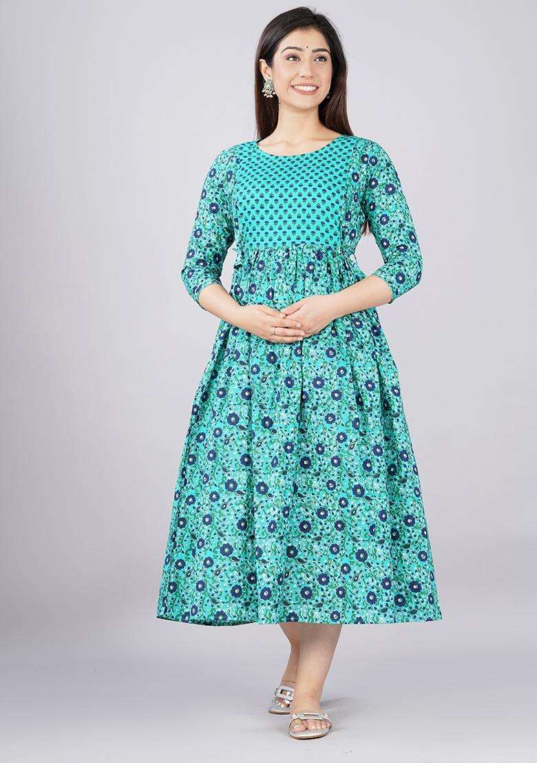 Sea Green Printed Cotton Maternity Maxi Dress for Diwali and Festive Wear - Indya