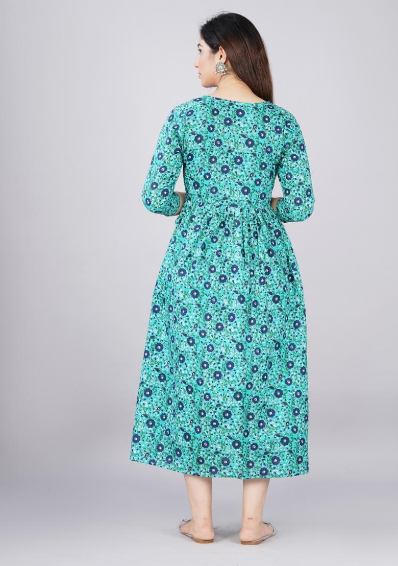 Sea Green Printed Cotton Maternity Maxi Dress - Indya